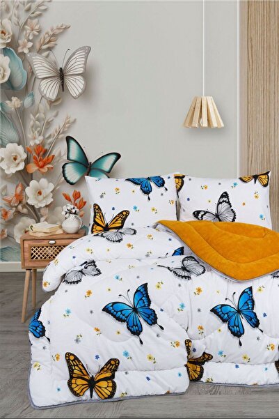 VİLERA HOME Pofuduk Plush Welsoft Butterfly Pattern Double Size Bedding Set with Pillowcases