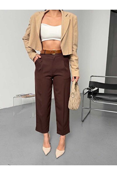 OLİSSE Kadın Yüksel Bel Kemerli Havuç Pantolon