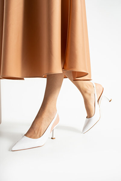 Parparastil Arya Women's White Patent Leather Thin Heeled Slingback Stylish Heeled Shoes