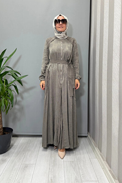 MissWhence Zipper Detailed Jacquard Cupra Silk Dress Gray 38835