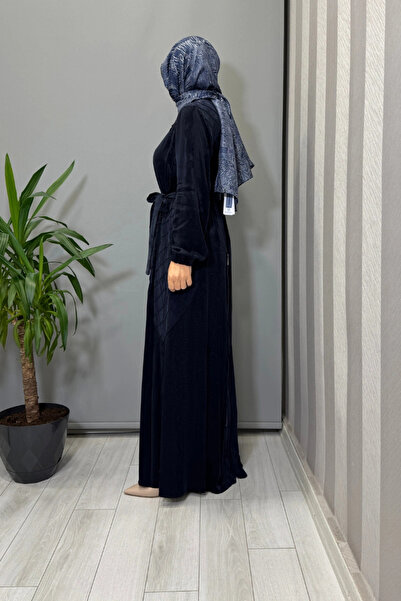 MissWhence Zipper Detailed Jacquard Cupra Silk Dress Navy Blue 38835