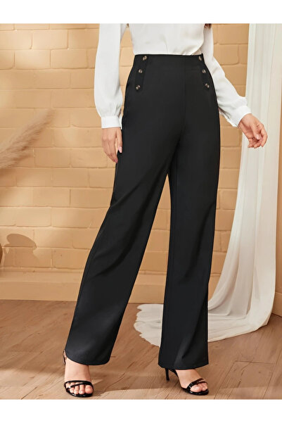 GENCULUS Women's Button Detail Wide Leg Imported Crepe Trousers