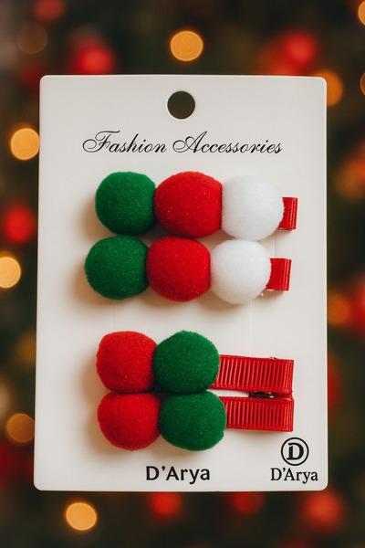 Darya Dd616 New Year Red-Green-White Pompom Mini Hair Clips (Set of 2)