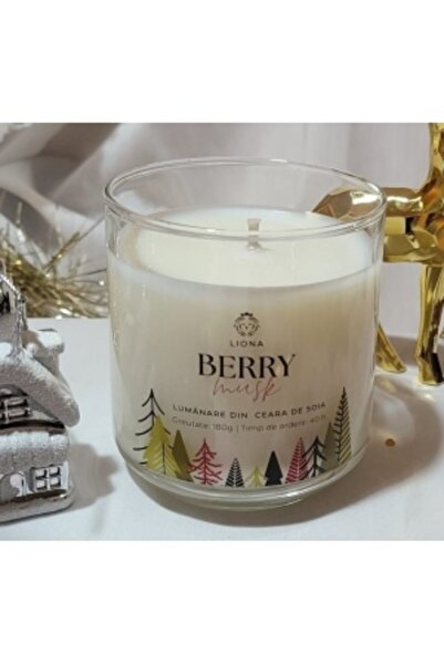 Liona Lumânare din ceară de soia în borcan de sticlă 180 g - Berry Mosk (Fructe roșii și mosc) - Etichetă de Crăciun