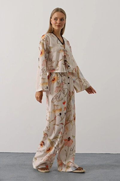 GENCULUS Floral Pattern Tie-Front Pants Set Stone