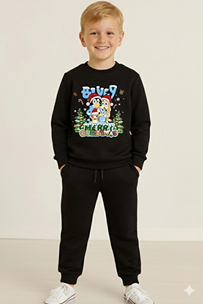 LİTTLE TORTOİSE Boy's Christmas New Year Printed 3 Thread Fleece-Lined Winter Sweatshirt / Tracksuit Set