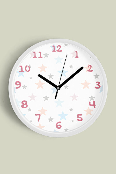 JHAAR ساعة حائط لغرفة الأطفال على شكل نجوم ملونة - 30 سم - هيكل أبيض مع زجاج ...