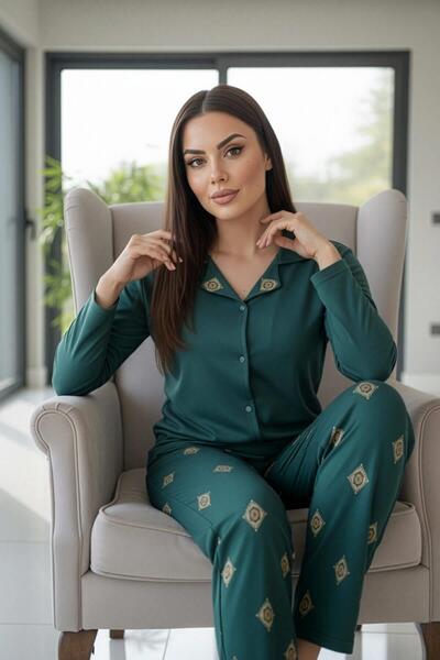 Pijamaevi Zümrüt Mozaik Florado Exclusive Front Buttoned Long Sleeve Women's Pajama Set