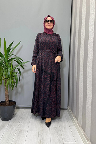 MissWhence Floral Patterned Cupra Silk Dress Burgundy 38829