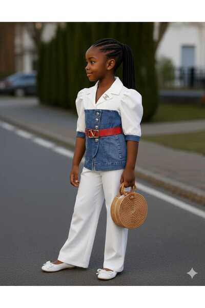 By Feyza Kids Collection Girl's Jeans Paneled Belt Set