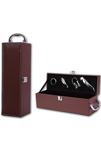 Ems Wine bottle gift box covered in brown eco-leather with 4 accessories