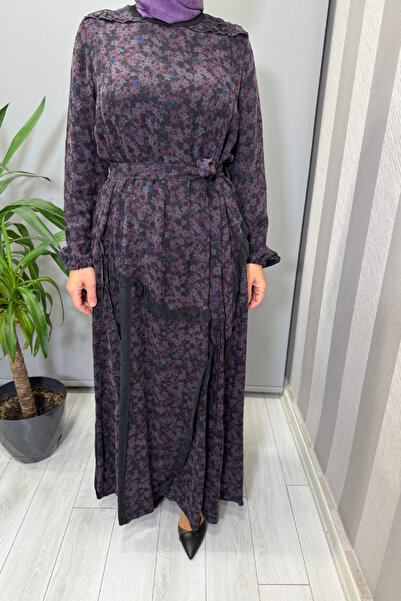 MissWhence Floral Patterned Cupra Silk Dress Purple 38829