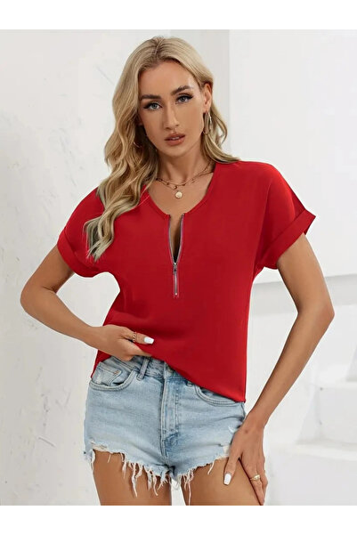 GENCULUS Women's Short Sleeve V-Neck Zippered Loose Sandy Blouse