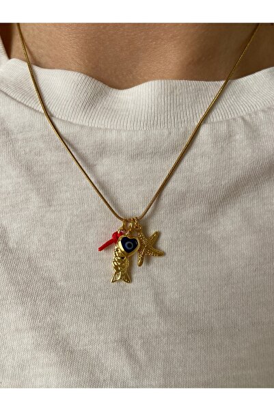 Arsaley Collection Balık Nazar Boncuğu Yıldız Charm Çelik Zincirli Kolye
