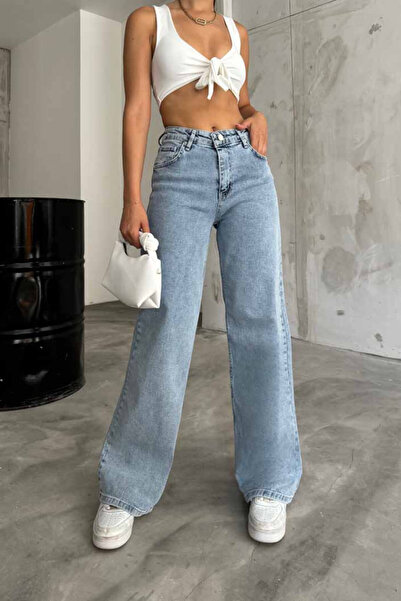 DRC trend 90`S Stretch Fabric Casual Women's Light Snow Blue Super High Waist Loose Leg Denim Jeans