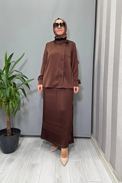 MissWhence Satin Pleated Skirt Set Brown 38015