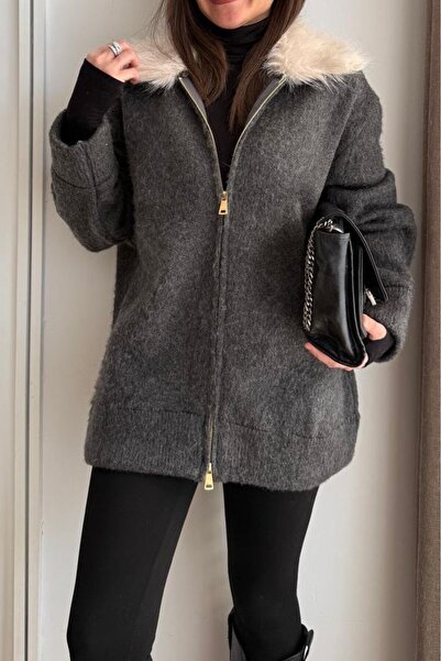 Suziş Double Zipper Cardiganky36874 with Removable Fur Collar
