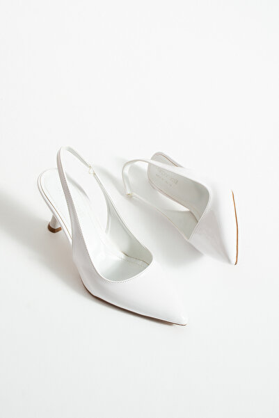 Parparastil Arya Women's White Patent Leather Thin Heeled Slingback Stylish Heeled Shoes