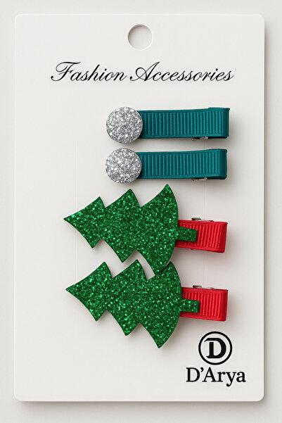 Darya D’Arya New Year's Pine Tree Figured Glitter Ribbon Set of 4 Girls' Hair...