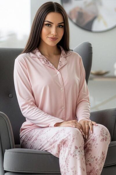 Pijamaevi Mercan Florado Exclusive Front Buttoned Long Sleeve Women's Pajama Set