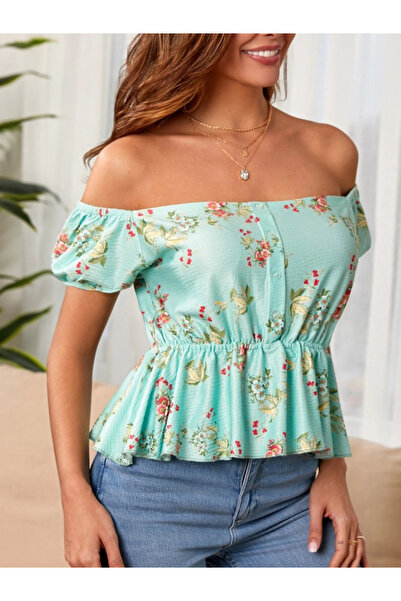 GENCULUS Women's Short Sleeve Madonna Collar Floral Pattern Button Detail Gipeli Uprem Fabric Blouse