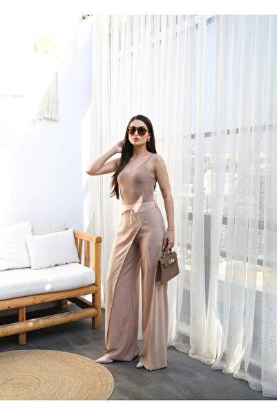 GENCULUS Linen Wide Leg Trousers with Cross Piece Elastic and Lacing on the Front