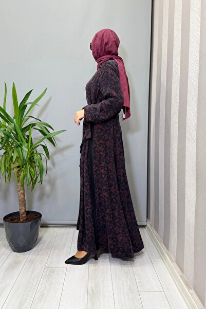 MissWhence Floral Patterned Cupra Silk Dress Burgundy 38829