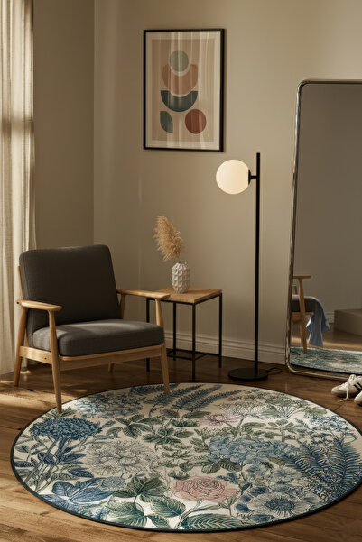 Arteluna Home Como 02 Mavi Pembe Yuvarlak Bej Bahar Çiçekleri Desenli İnce Do...