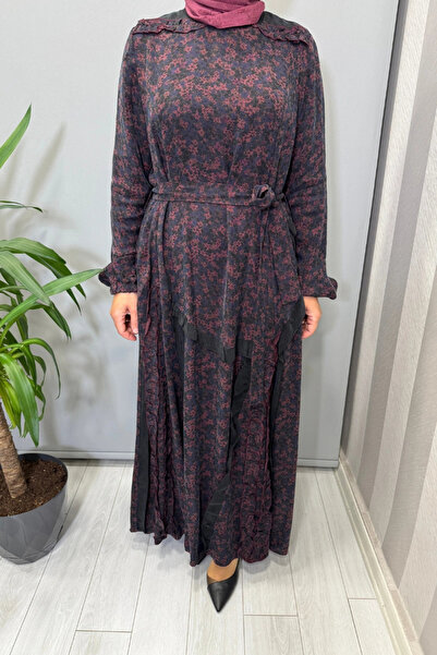 MissWhence Floral Patterned Cupra Silk Dress Burgundy 38829