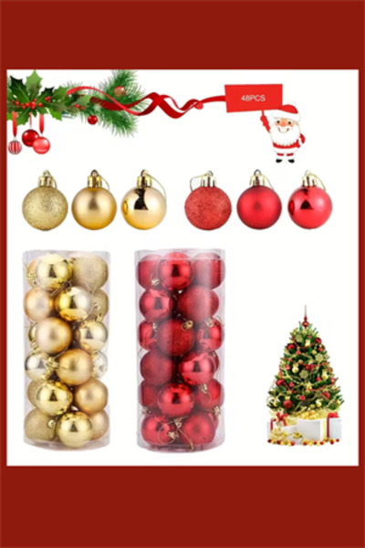 Trade Bazaar 48 Parça Noel Ağacı Süs Seti | Kırmızı & Altın İki Tonlu Plastik...