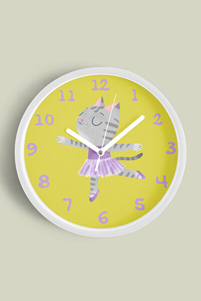 JHAAR ساعة حائط لغرفة الأطفال على شكل قطة راقصة - 30 سم - هيكل أبيض مع زجاج أ...