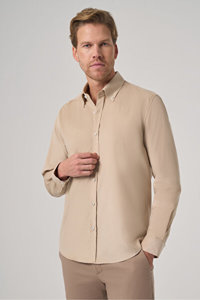 Morven Men's Beige Cotton Trend Dynamic Fit Button Collar Shirt