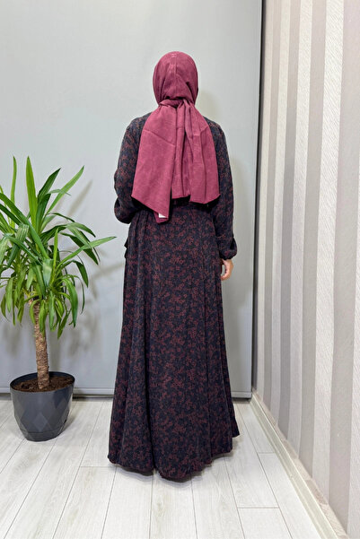 MissWhence Floral Patterned Cupra Silk Dress Burgundy 38829