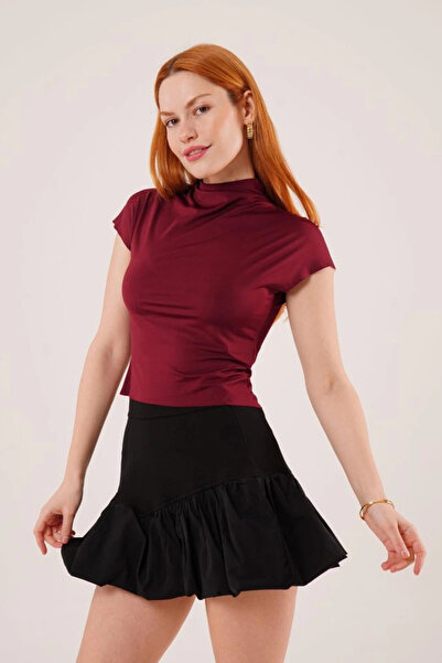 GENCULUS High-Rise Shiny Fabric Burgundy Crop