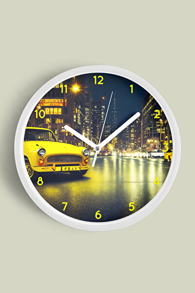 JHAAR Ceas de perete modern Classic Car And Night City - 30 cm - Carcasă albă...