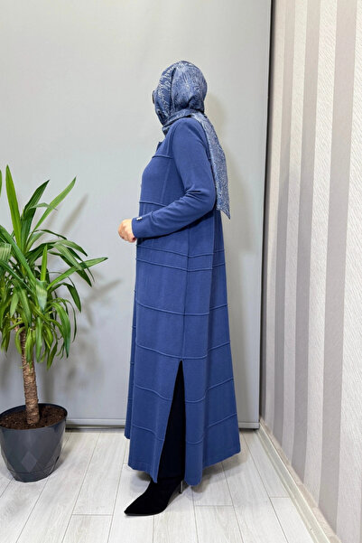 MISS DALIDA Shirt Collar Long Knitwear Cardigan Indigo T25Pf-9002