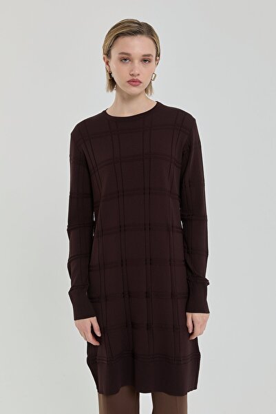 Nihan Kendinden Desenli Rayon Triko Tunik Kahve