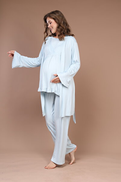 Lohussa Women's Blue Spanish Sleeve K Double-Breasted Collar Winter Special Design Maternity Maternity Dressing Gown Pajama Set Set