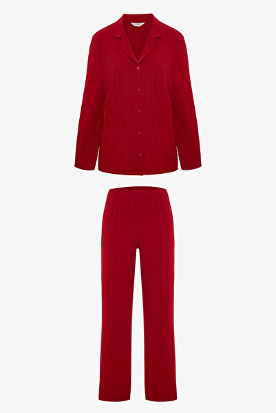 Penti Red Ny Time Corded Fabric Shirt Collar Long Sleeve Pajama Set
