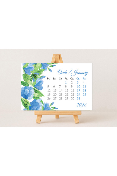 GenelTedarik 2026 MASA TAKVİMİ 10X15 CM-SULUBOYA ÇİÇEK TEMALI MİNİ AHŞAP ŞÖVALELİ