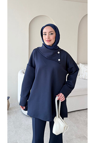 Miraydın Butik Women's Stone Shawl Collar Double Scuba Suit M7083 - Navy Blue