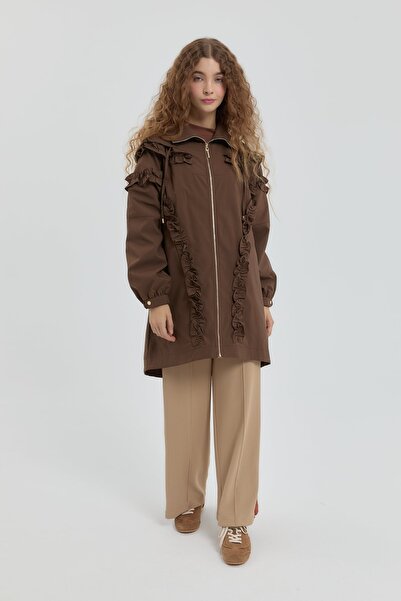 Nihan Fırfır Detaylı Yağmurluk Kahve