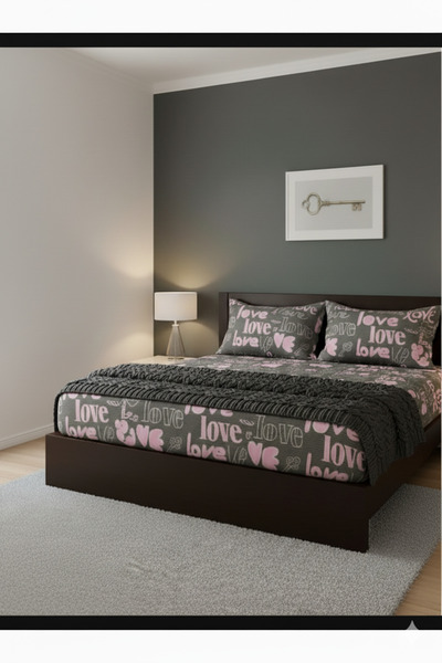 Home Heart Patterned King Size Elastic Double Bed Sheet Set (with 2 Pillowcases)