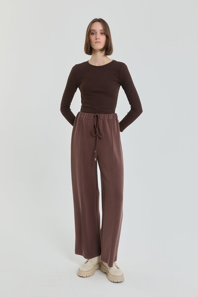 Nihan Beli Lastikli Örme Bol Pantolon Kahve