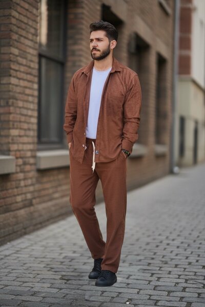 BİRBEYSTORE Lower Upper Set Velvet Men's Tracksuit Set Shirt Elastic Waist Lower Tracksuit Comfortable Fit