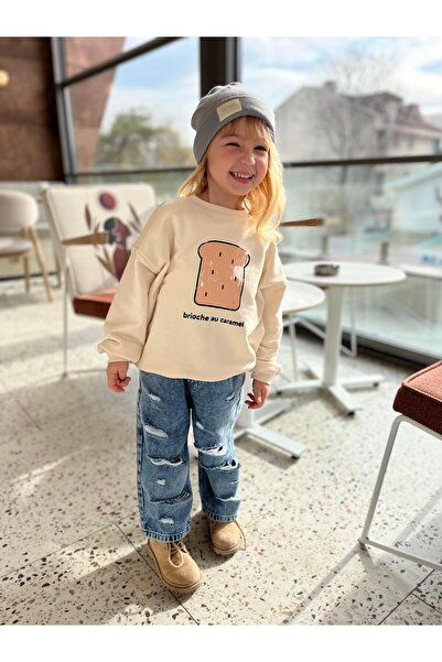 Magu Girl's Cotton Cream Printed Sweatshirt and Ripped Detailed Denim Pants Set