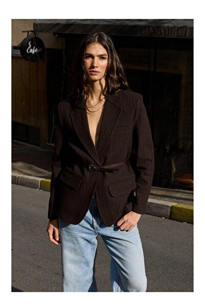 ossons Striped and Belt Detailed Cashmere Jacket