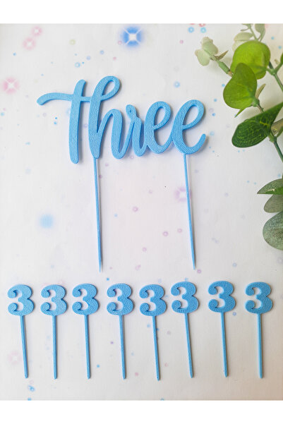 Atolye Doruk Blue 3Rd Birthday Cake Topper - Three Cake Lettering - Number 3 Cupcake Picks - Boy's Birthday
