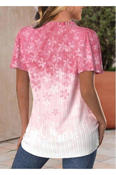 GENCULUS Women's Short Sleeve V Neck Buttoned Floral Printed Cotton Blouse