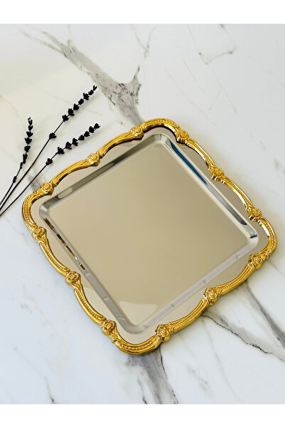 Melinda Fiore Gümüş Kare Tepsi Gold-Gümüş Paslanmaz Çelik Çay Kahve Servis Sunum Tepsisi 1 ADET (21x21)